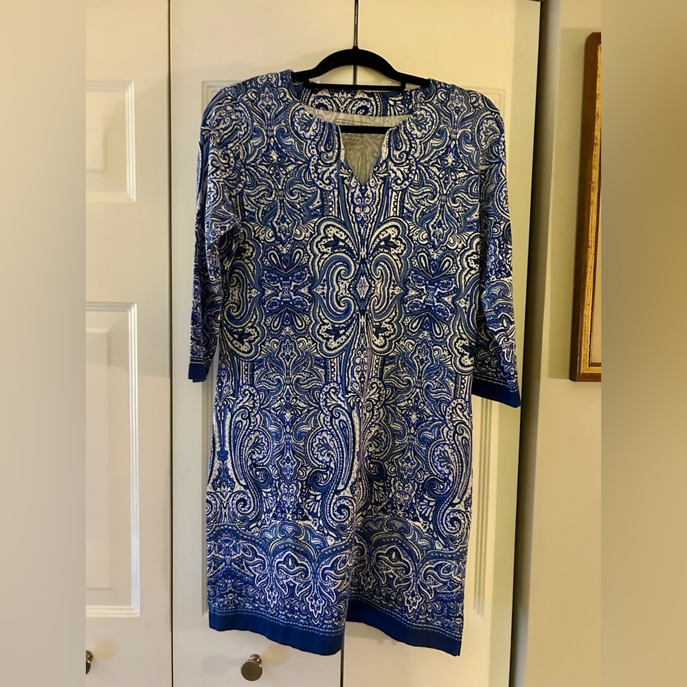 Coolibar Women’s Sz S Blue & White Patterned Beachy Coastal Sun Protection Dress